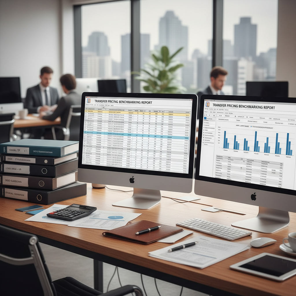 Dual computer monitors showing transfer pricing benchmarking reports on a desk with documents, calculator, and office items