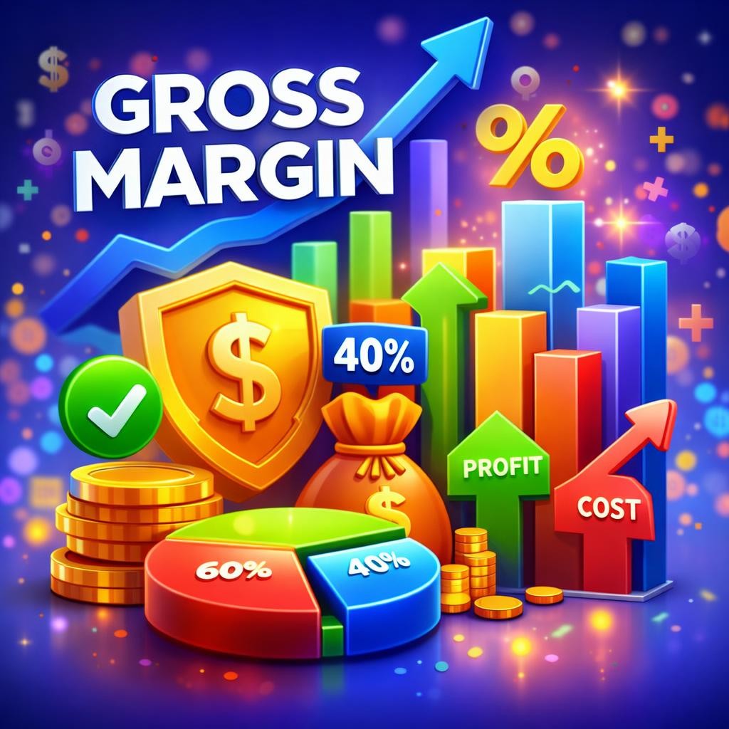 Gross margin text with pie chart showing 60% and 40%, bar graphs, dollar symbol shield, money bag, profit and cost arrows