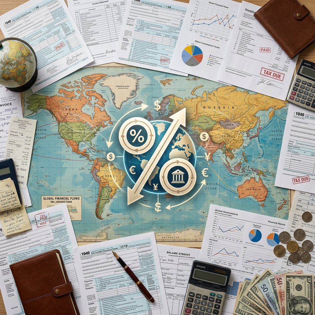 World map with financial symbols, tax documents, currency, calculators, and graphs around it