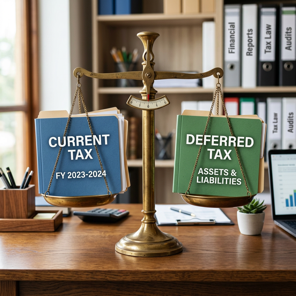 Balance scale holding folders labeled Current Tax FY 2023-2024 and Deferred Tax Assets & Liabilities