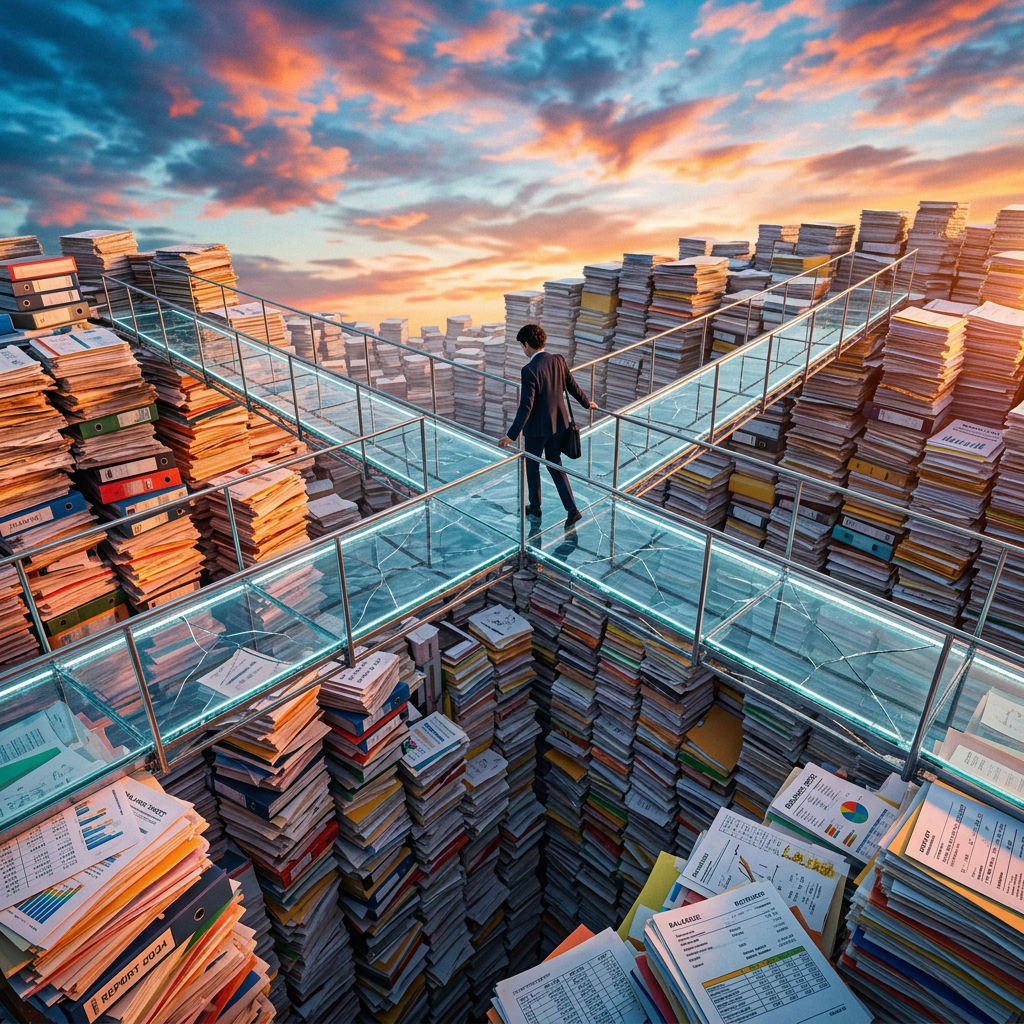 Person in business attire walking on glass bridges over stacks of documents and files under a colorful sky