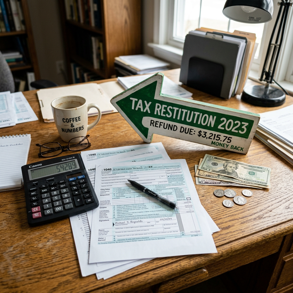 Tax forms, calculator, coffee mug, money, and tax refund sign on a wooden desk