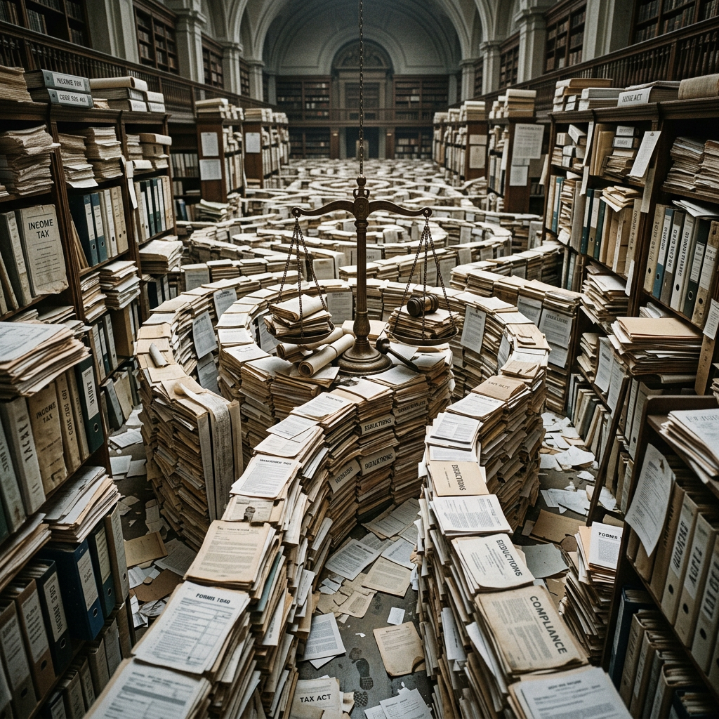 Labyrinth of legal documents forming winding pathways with central scales of justice and gavel