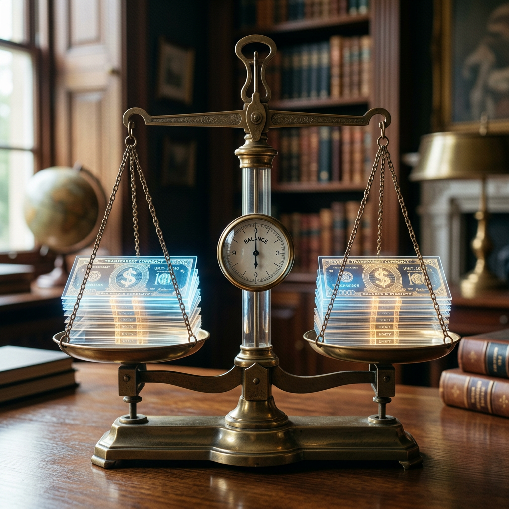 Antique balance scale holding glowing stacks of currency notes, balanced equally