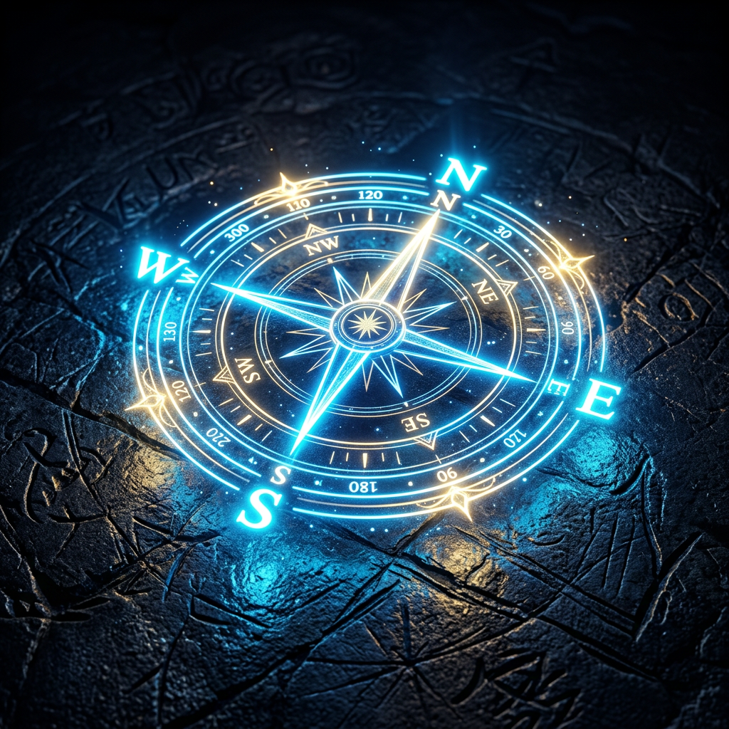 Glowing blue and gold compass rose with directional markers on dark carved stone