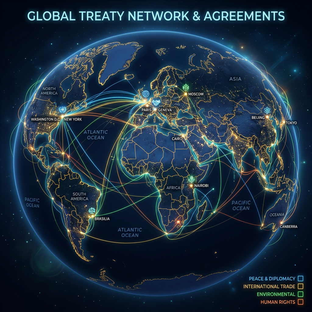 World map showing global treaty networks linking cities for peace, trade, environment, and human rights