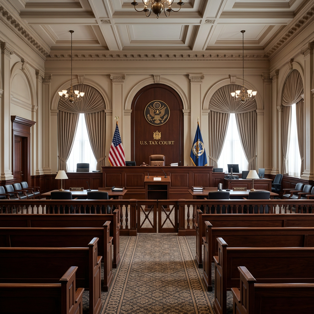 Interior of U.S. Tax Court courtroom with judge's bench, flags, and wooden seating