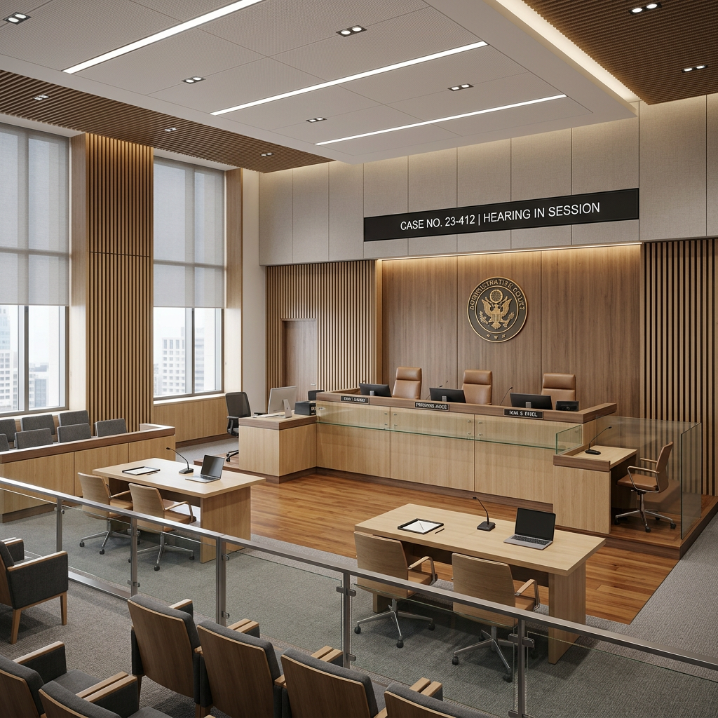 Empty federal courtroom with judge seats, lawyer tables, and public seating under bright lighting