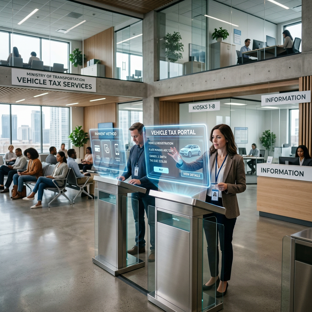 Two people interacting with digital vehicle tax kiosks in a public office waiting area