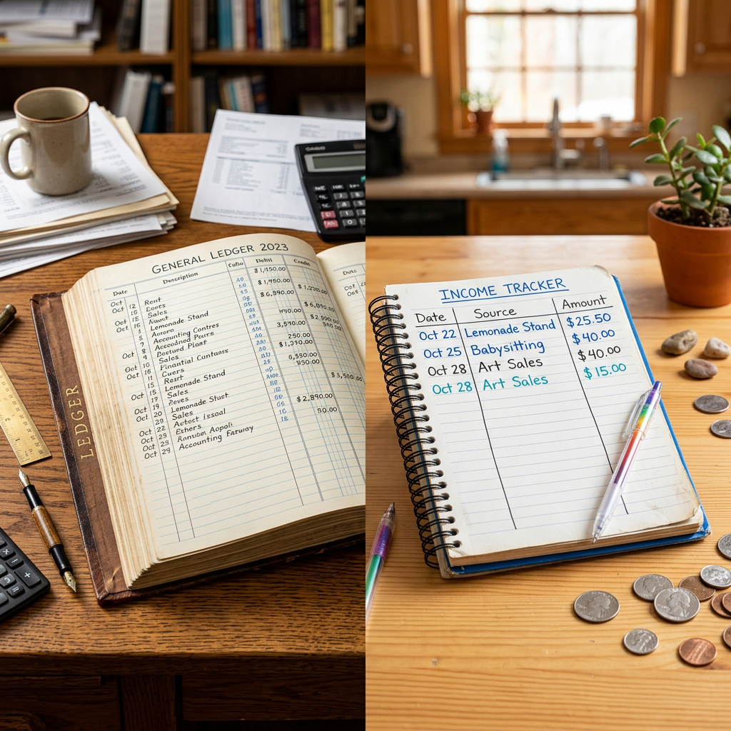 Open general ledger book with transaction records and spiral notebook with handwritten income tracker