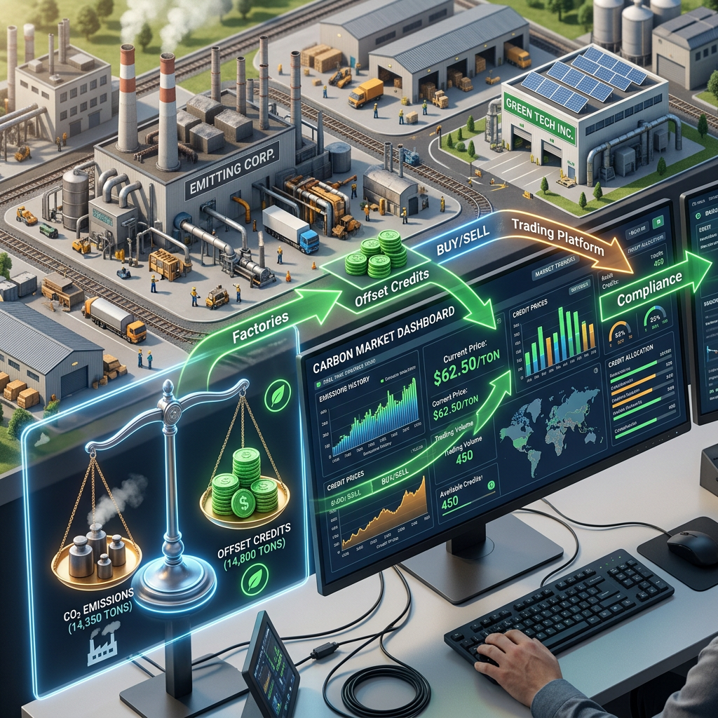 Digital dashboard showing carbon emissions data, offset credits, and trading platform for environmental compliance