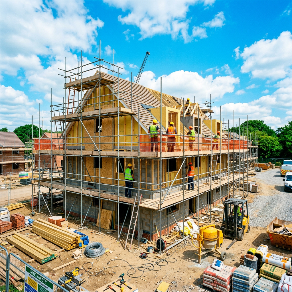 Multi-story house under construction with scaffolding and workers in safety gear