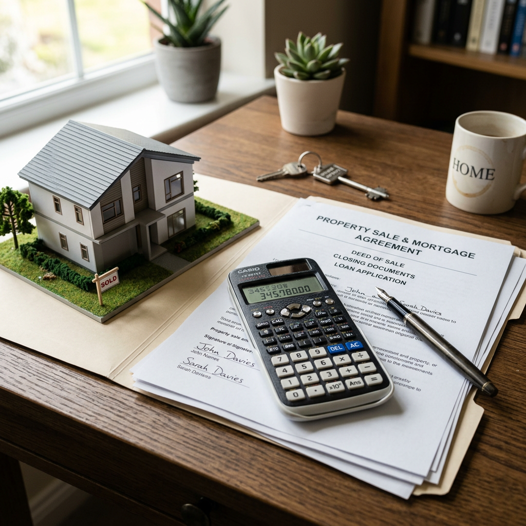 Model house with sold sign next to property sale and mortgage agreement documents, calculator, keys, and pen on wooden desk