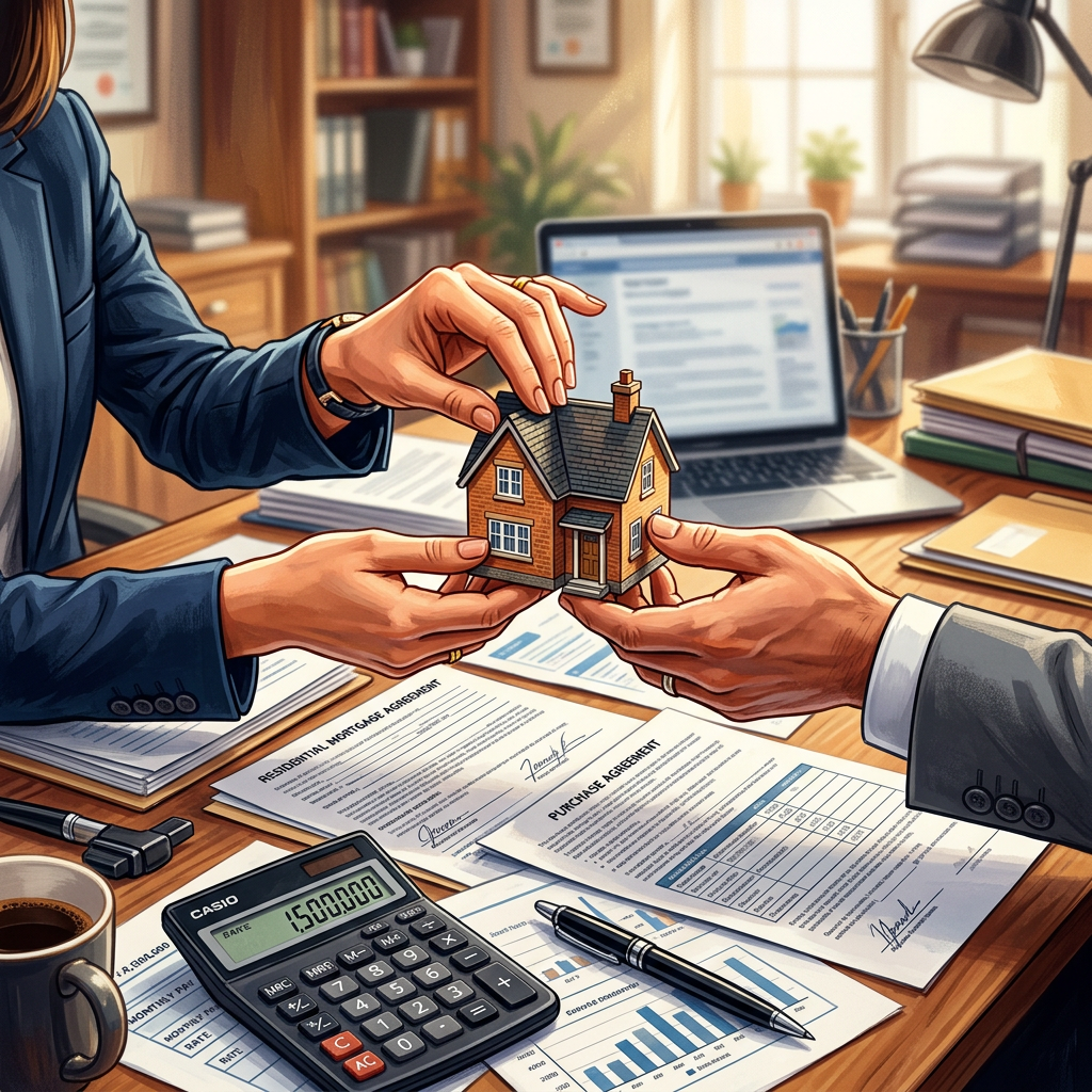 Hands exchanging a miniature house model above signed mortgage and purchase agreements on a desk