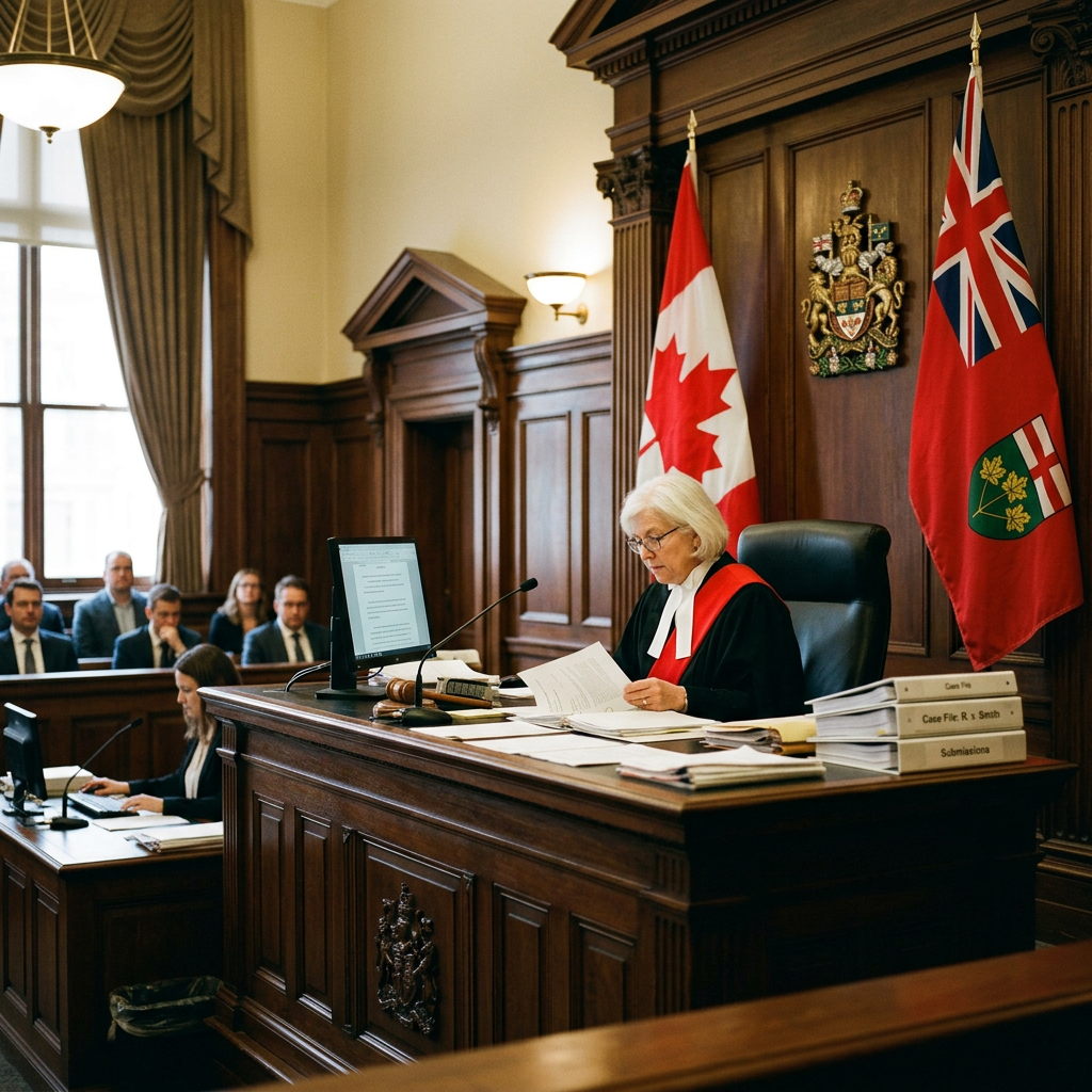 Judge in black and red robes reading documents in a courtroom with Canadian and Ontario flags behind.