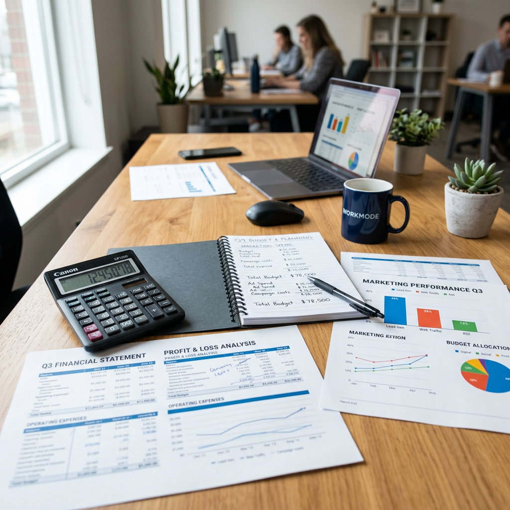 Financial statements and marketing performance charts on a desk with laptop, calculator, and coffee mug