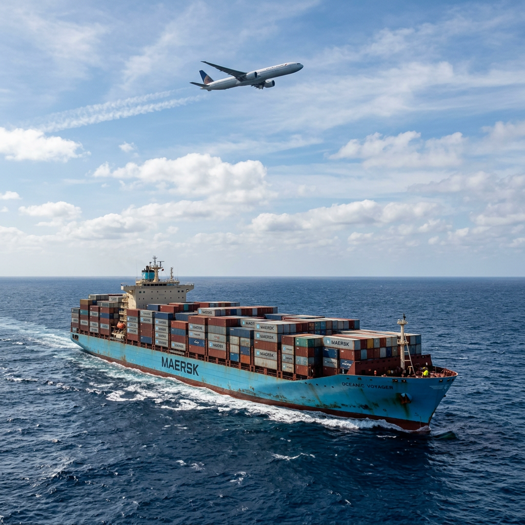 Maersk container ship Oceanic Voyager in ocean with stacked shipping containers and airplane flying above