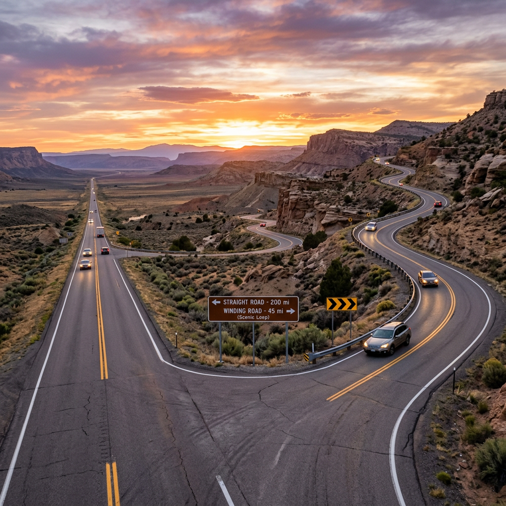 Fork in road with signs indicating straight road 200 miles left or winding road 45 miles right through rugged landscape