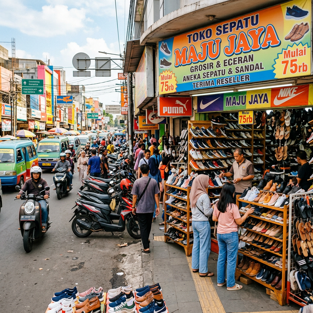 Street shoe market with customers and motorcycles in Indonesia