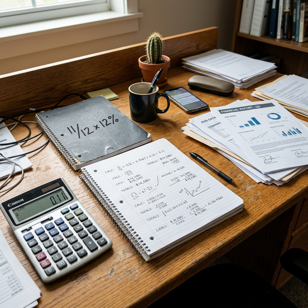 Desk with calculator, financial reports, notebooks with calculations, pen, coffee mug, and smartphone