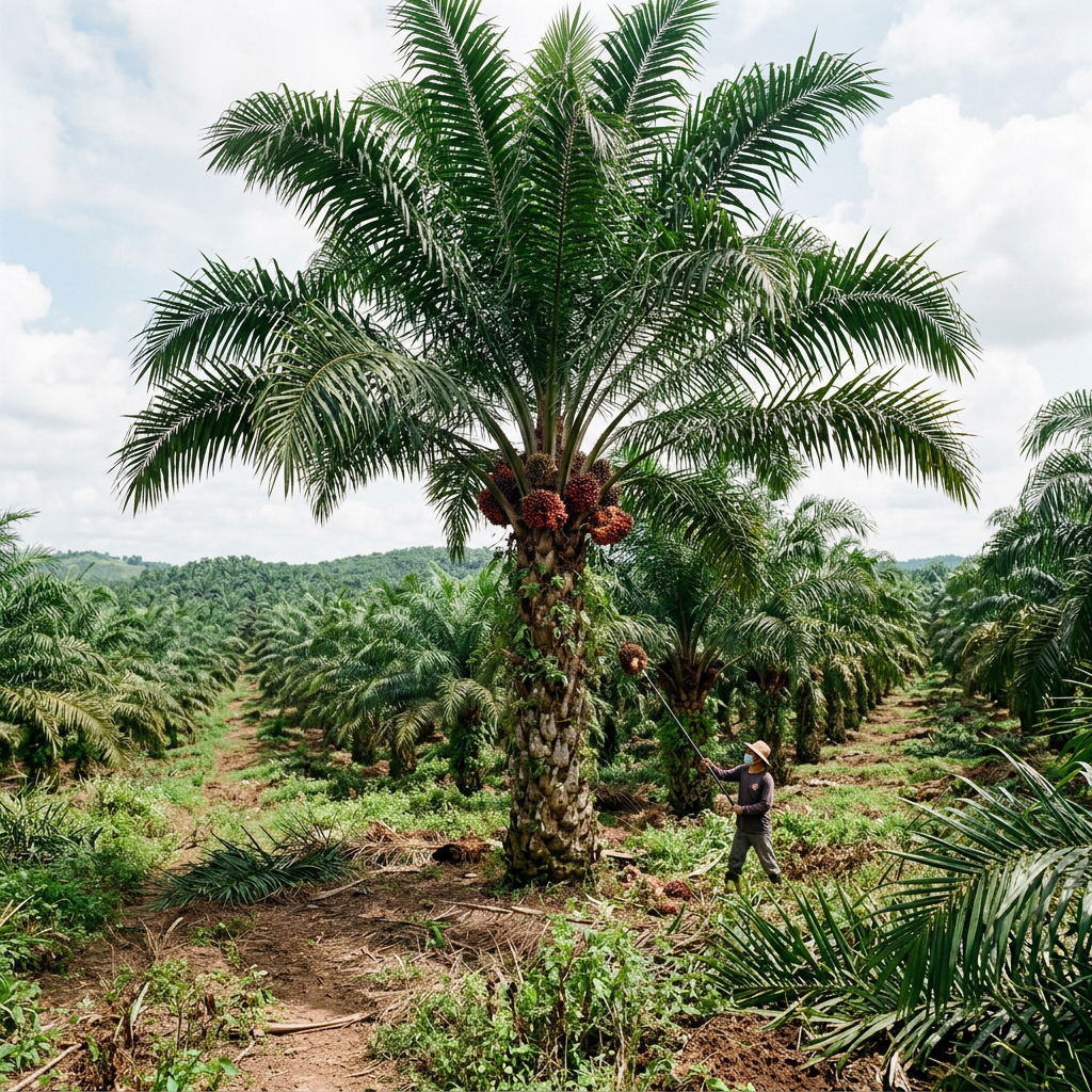 A person using a long tool to harvest palm fruits from a tall palm tree in a plantation field