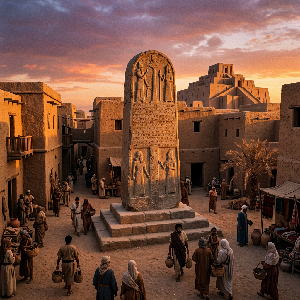 Ancient city square with stone monument, people, and mudbrick buildings at sunset