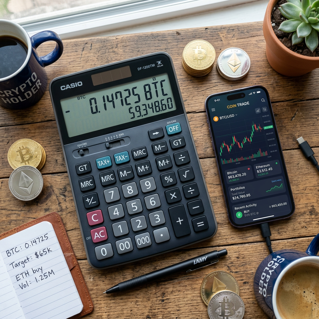 Calculator showing bitcoin amount and value, smartphone displaying bitcoin trading chart, cryptocurrency coins, coffee cups labeled 'CRYPTO HOLDER', and notes on a wooden table