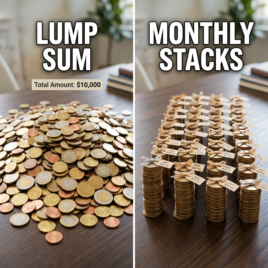 Pile of coins labeled Lump Sum and several tagged stacks of coins labeled Monthly Stacks