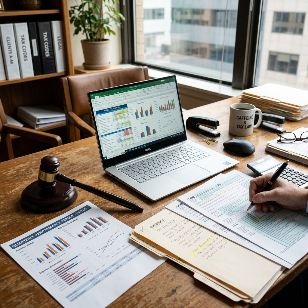 Person filling out tax forms at desk with laptop showing financial charts and documents