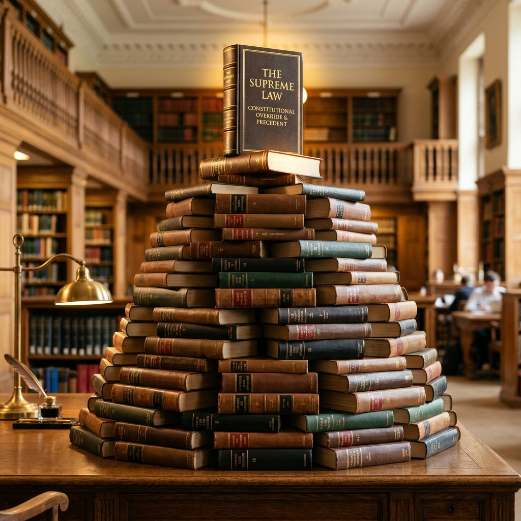 Stacked old legal books forming a pyramid on a table with a book titled 'The Supreme Law' at the top