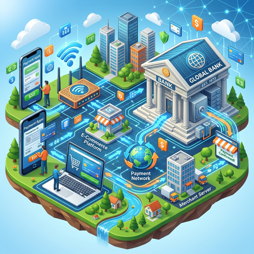 Digital payment ecosystem with apps, ecommerce platform, bank, payment network, and merchant server