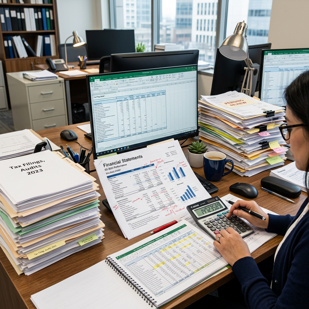 Accountant reviewing financial spreadsheets and tax documents while using a calculator