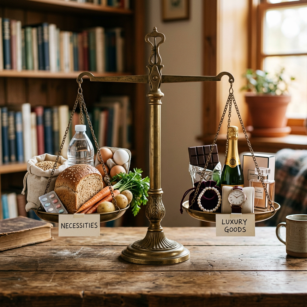 Balance scale comparing necessities and luxury goods
