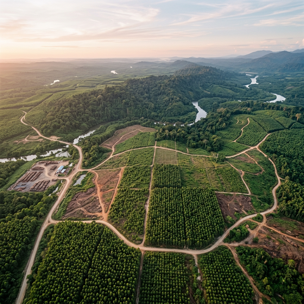 Aerial view of forest plantations, winding rivers, and distant mountains