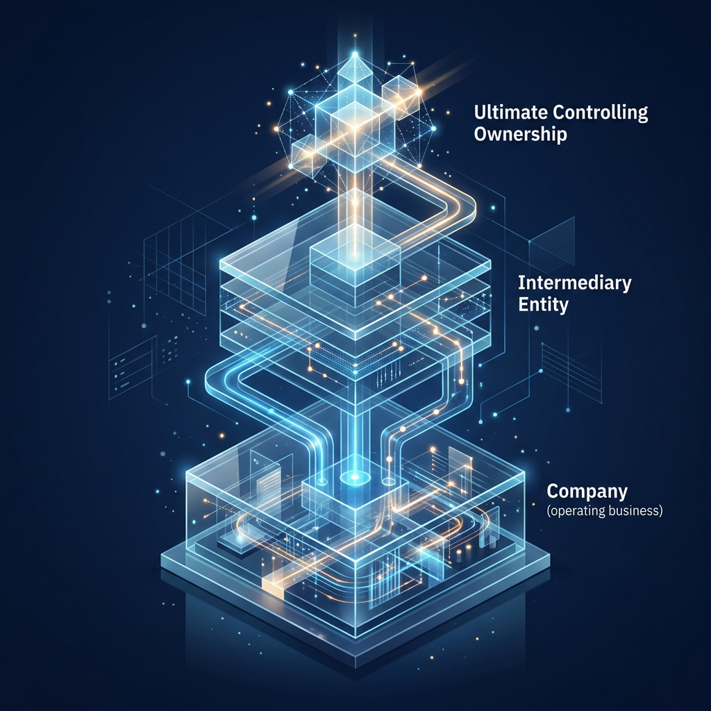 Diagram labeled Ultimate Controlling Ownership, Intermediary Entity, and Company (operating business)