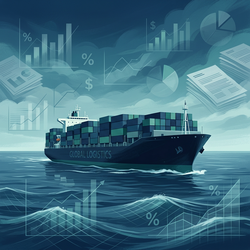 Container ship labeled GLOBAL LOGISTICS surrounded by trade charts and financial symbols