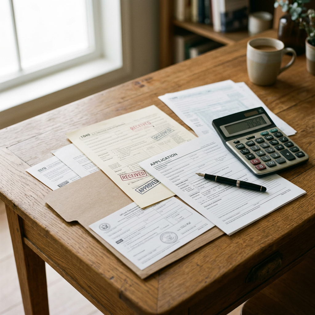 Paperwork marked Received and Approved with calculator on a desk